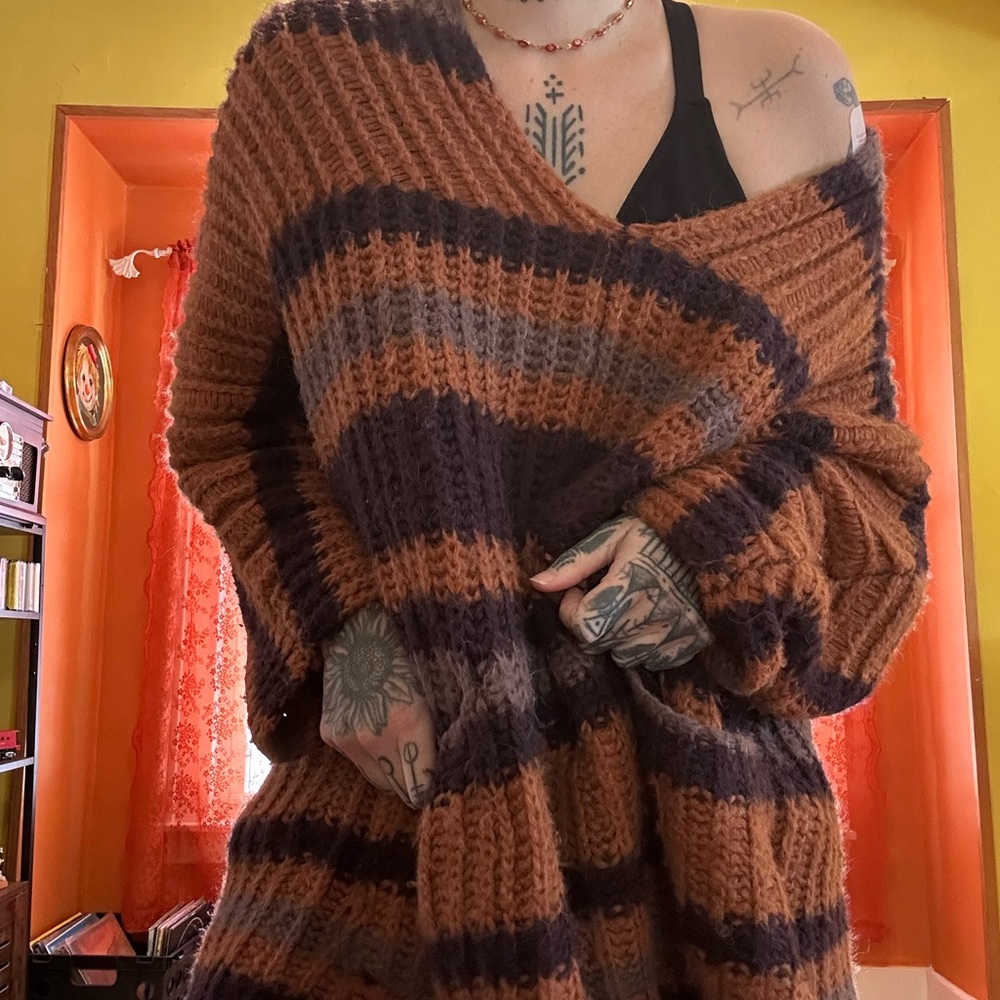 Over size Free People Mustard and Purple Striped Sweater